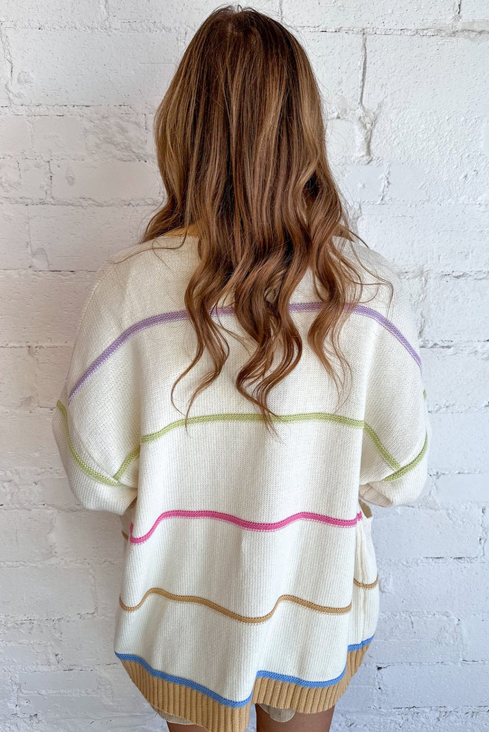 Women White Color Block Striped Cardigan With Pocket
