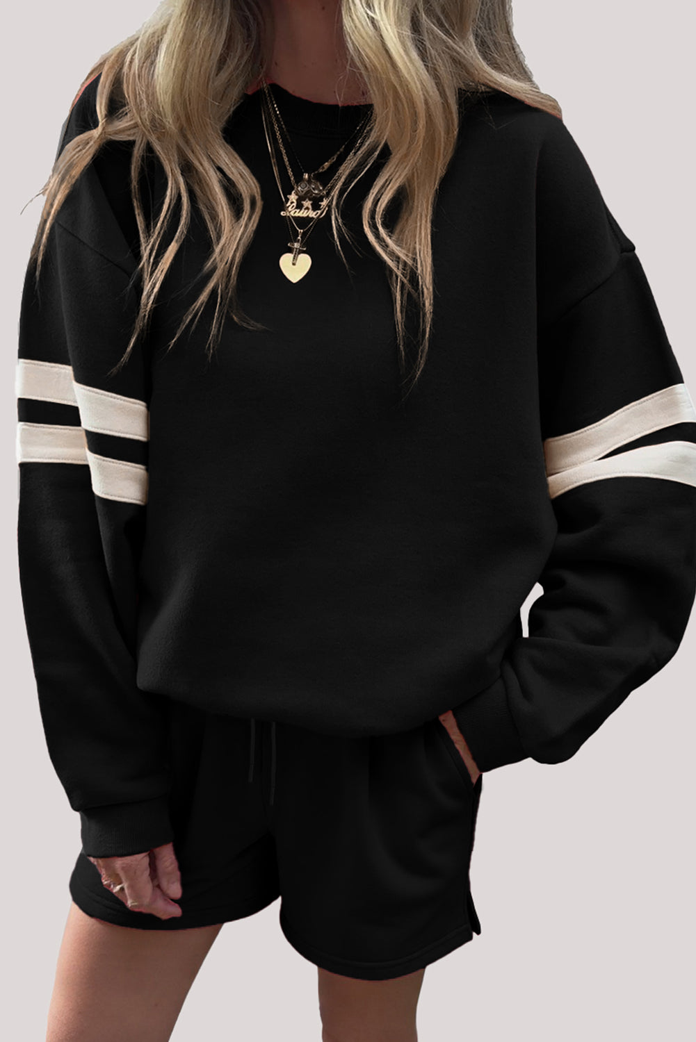 Fiery Red Varsity Striped Sleeve Drop Shoulder Sweatshirt and Short Set
