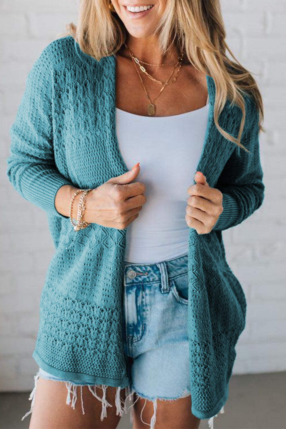 Women Mix Pattern Hollowed Knit Open Front Cardigan