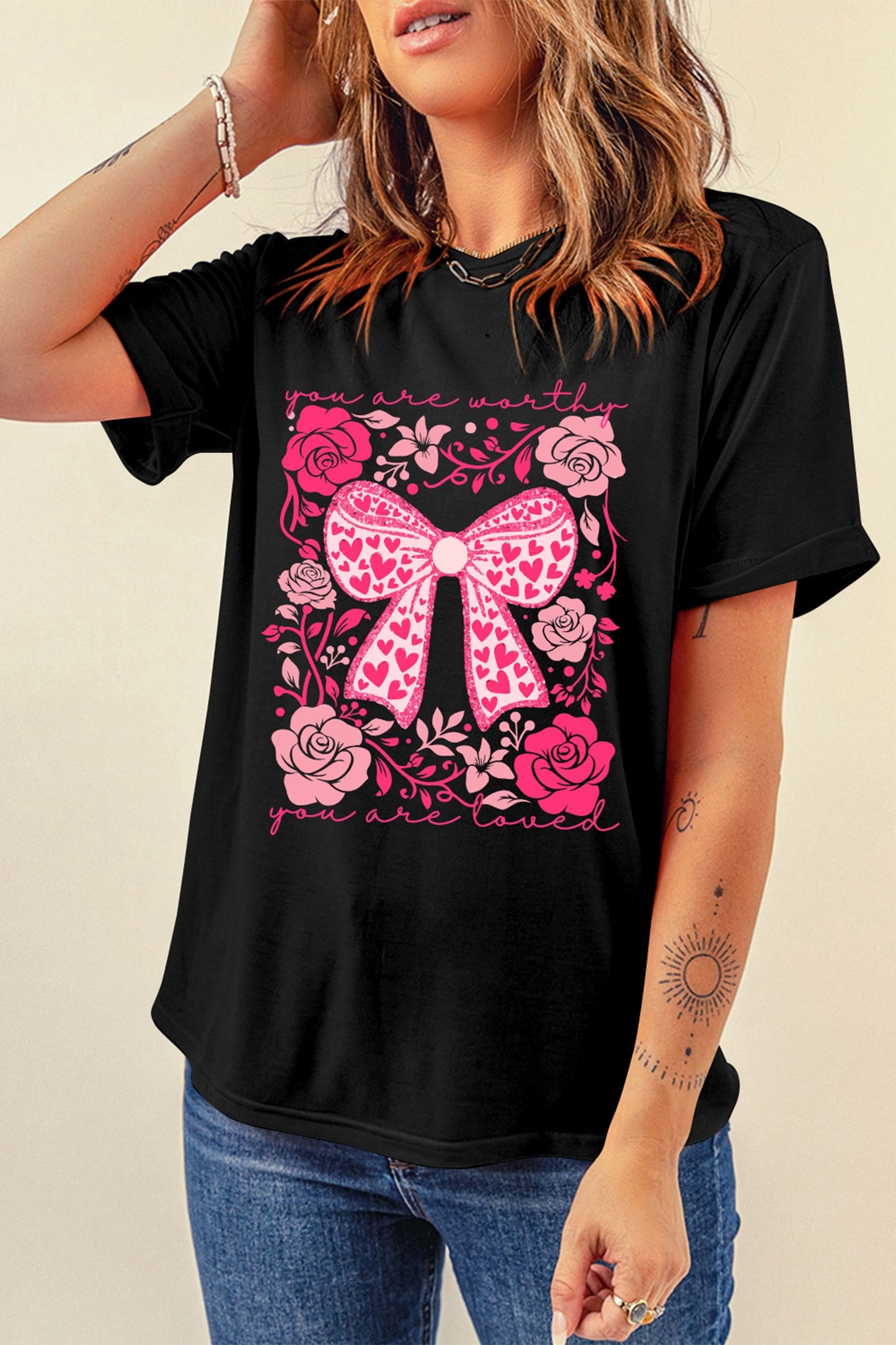 Women Black Valentines Day Slogan Floral and
Bow Printed T Shirt