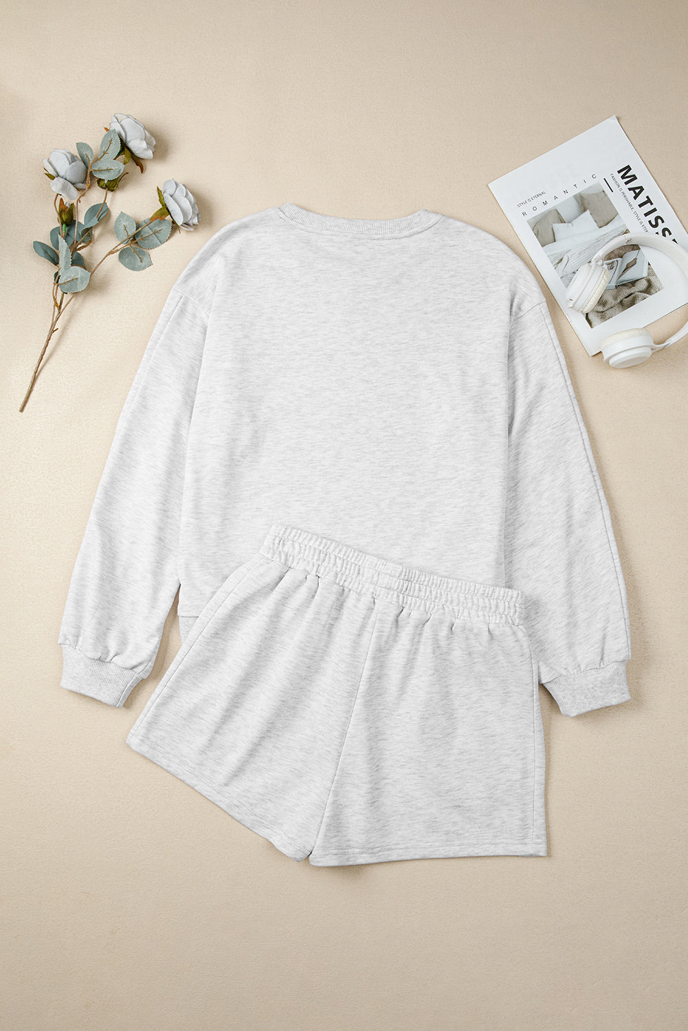 Women Light Grey Girly Bow Embroidered Pullover 2pcs Short Set