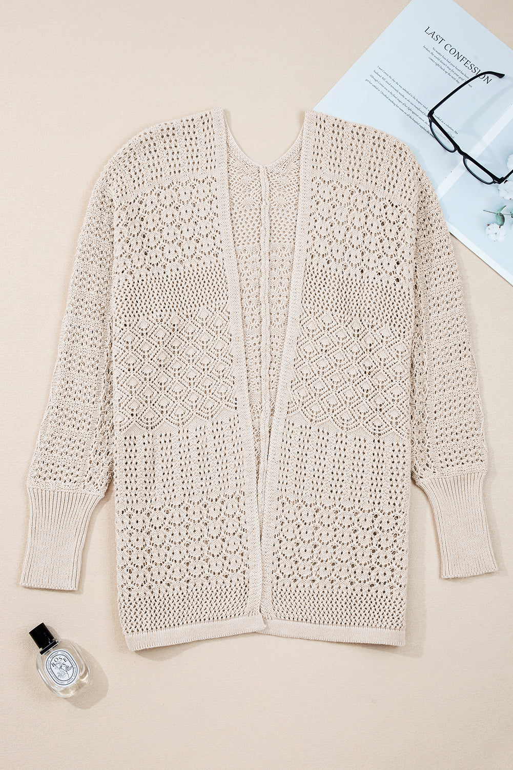 Women Mix Pattern Hollowed Knit Open Front Cardigan