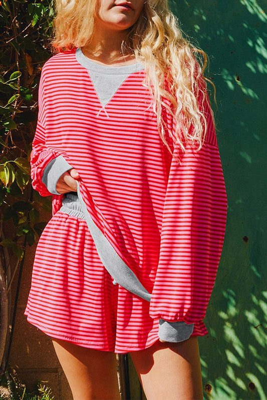 Women Red Stripe Pullover and Shorts Casual Set