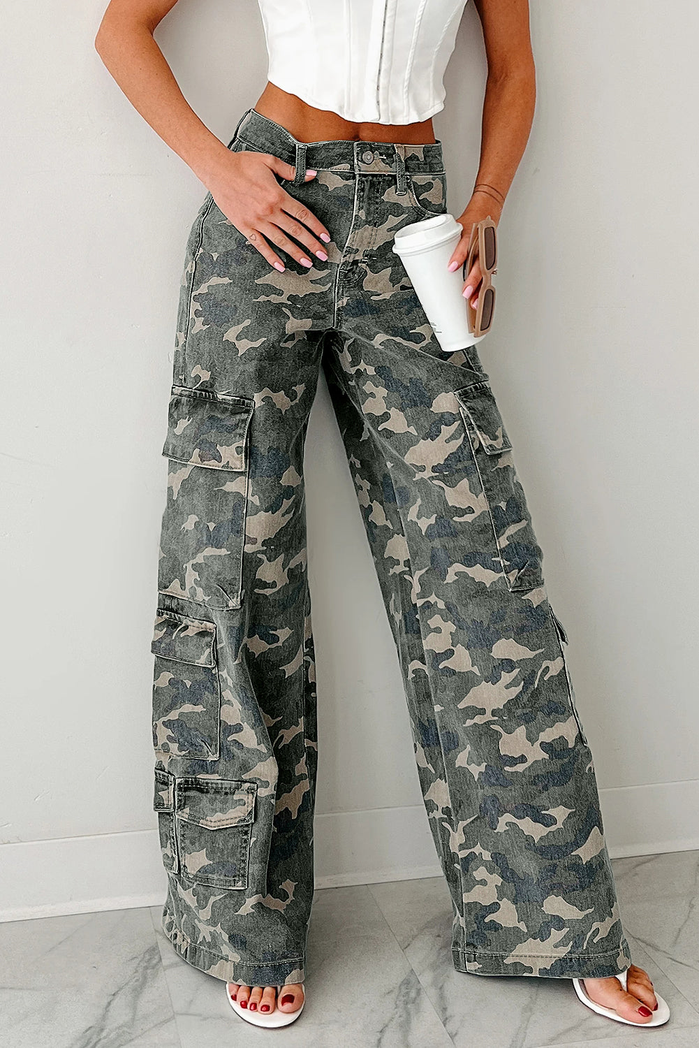 Fashion Camo Denim Cargo Wide Leg Pants