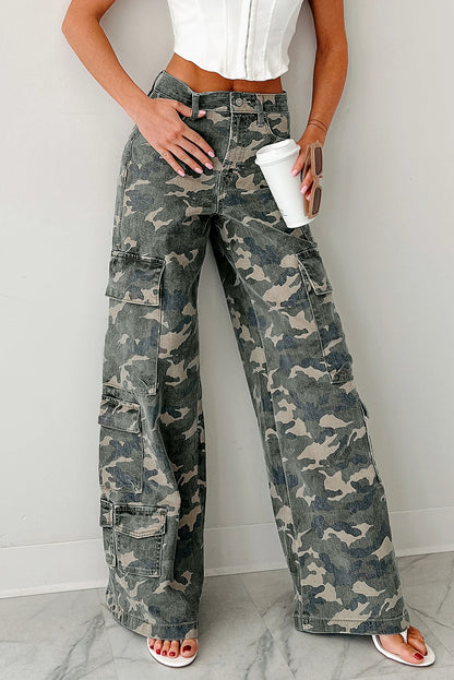 Fashion Camo Denim Cargo Wide Leg Pants
