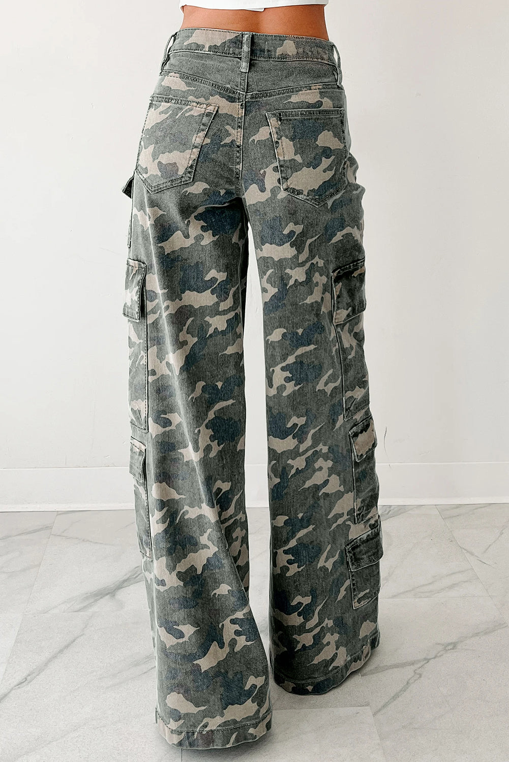 Fashion Camo Denim Cargo Wide Leg Pants
