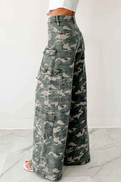 Fashion Camo Denim Cargo Wide Leg Pants