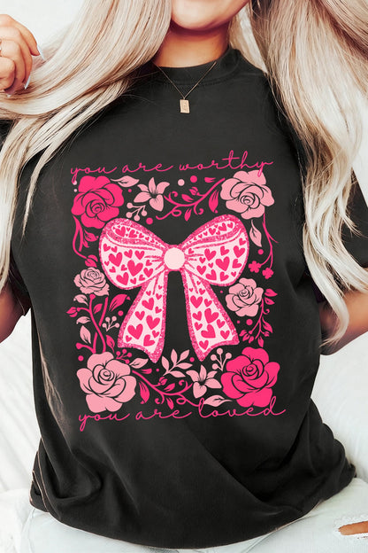 Women Black Valentines Day Slogan Floral and
Bow Printed T Shirt