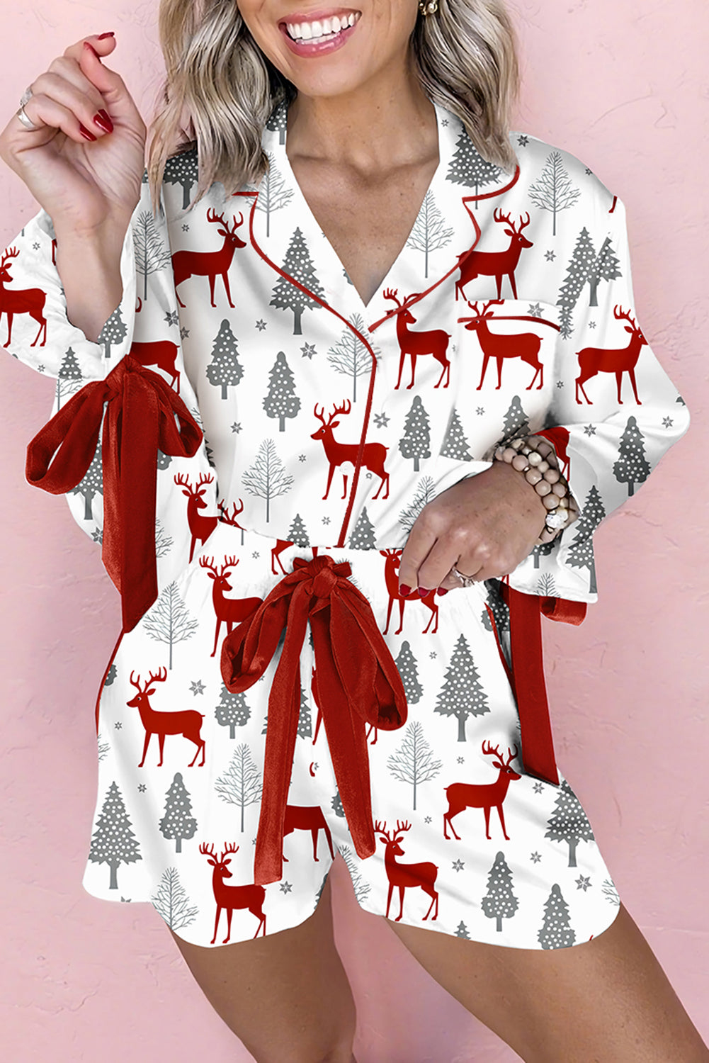 Women Christmas Fashion Print Velvet Trim Bow Knot Pajama 2pcs Short Set