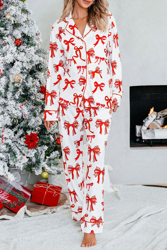 Women Red Christmas Bow Print Long 2pcs Pajama Set
