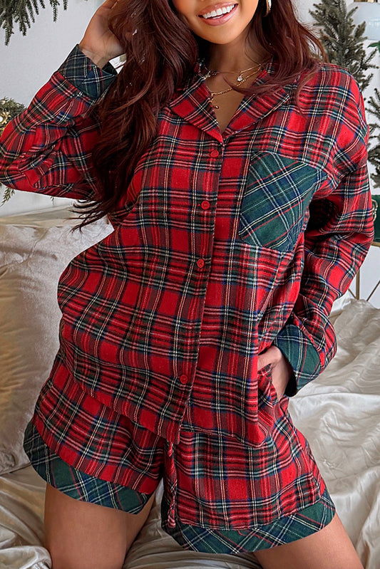 Women Red Plaid Contrast Patched Christmas Holiday Long Sleeve Shirt and Short 2pcs Pajama Set