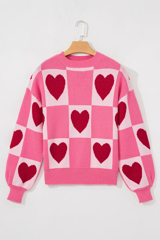 Pink Love Heart Checkered Valentine Crew Neck Sweater
