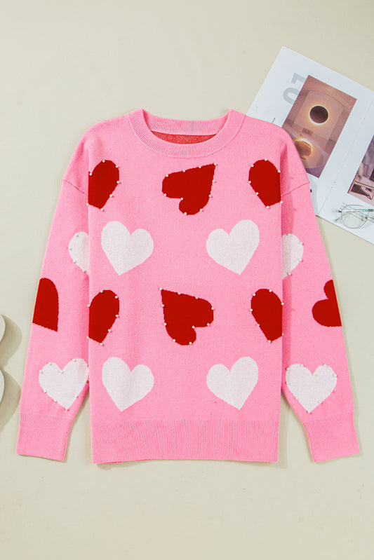 Pink Pearl Embellished Heart Pattern Valentines Day Sweater