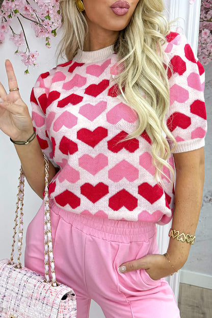 Women Pink Heart Print Valentine Crew Neck Short Sleeve Sweater