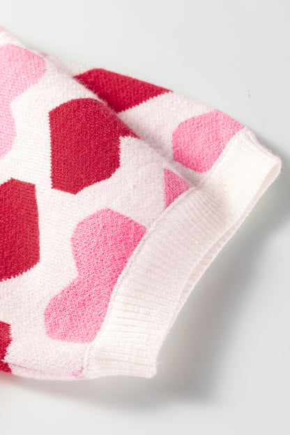 Women Pink Heart Print Valentine Crew Neck Short Sleeve Sweater