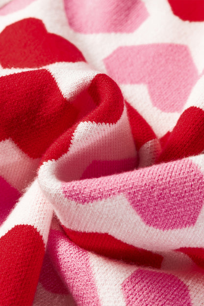 Women Pink Heart Print Valentine Crew Neck Short Sleeve Sweater