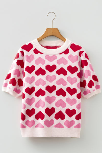Women Pink Heart Print Valentine Crew Neck Short Sleeve Sweater