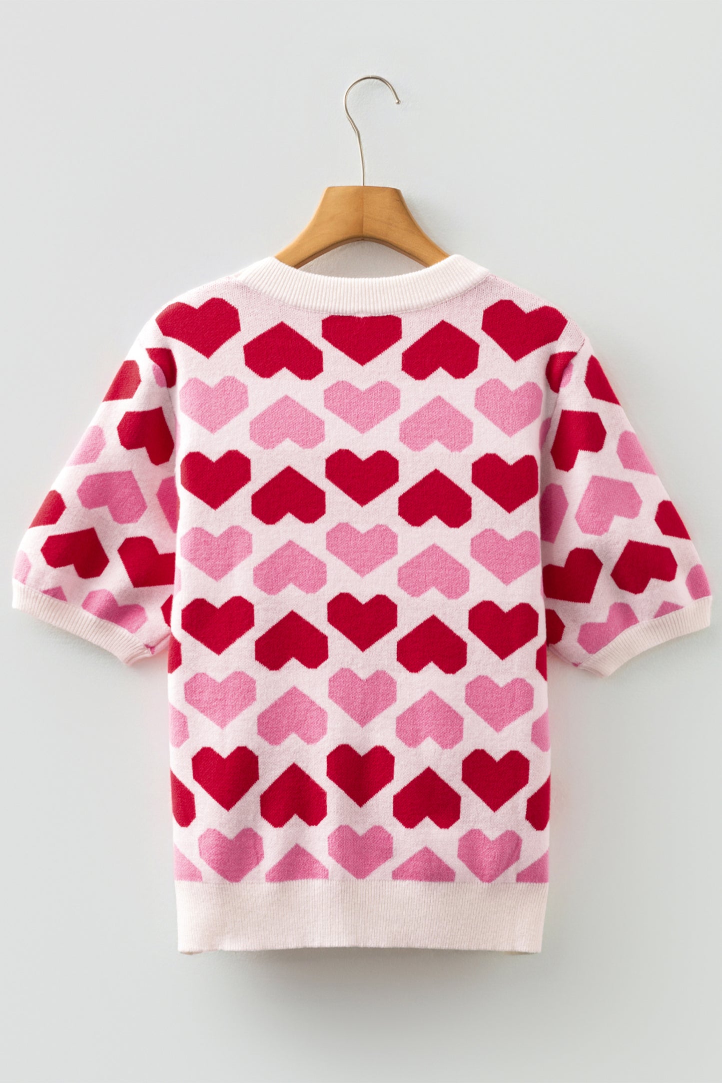 Women Pink Heart Print Valentine Crew Neck Short Sleeve Sweater