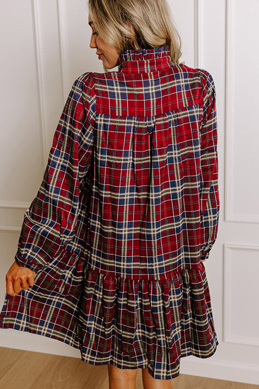 Women Green Plaid Print Long Sleeve Mini Dress