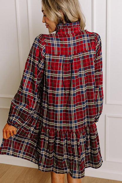 Women Green Plaid Print Long Sleeve Mini Dress