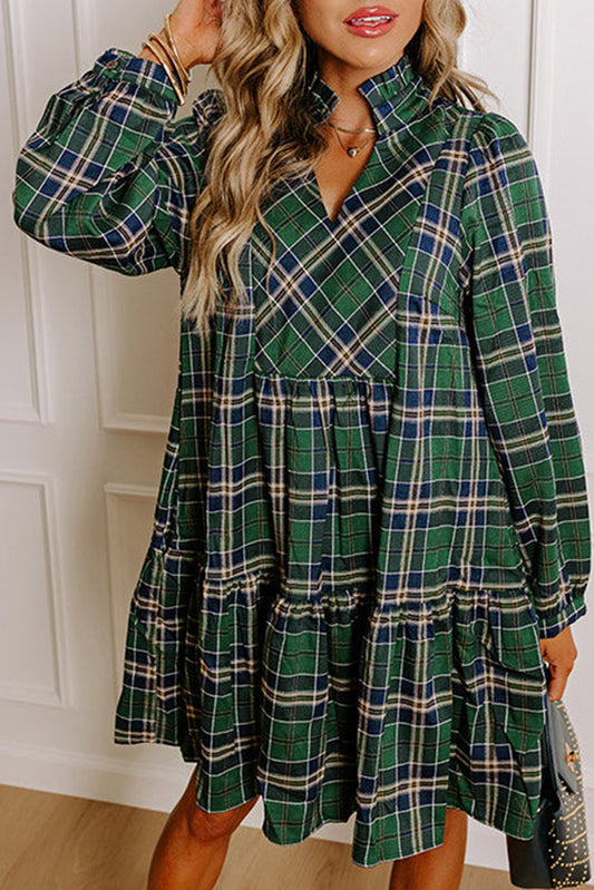 Women Green Plaid Print Long Sleeve Mini Dress
