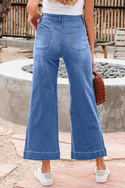 Sky Blue Cropped High Rise Wide Leg Jeans