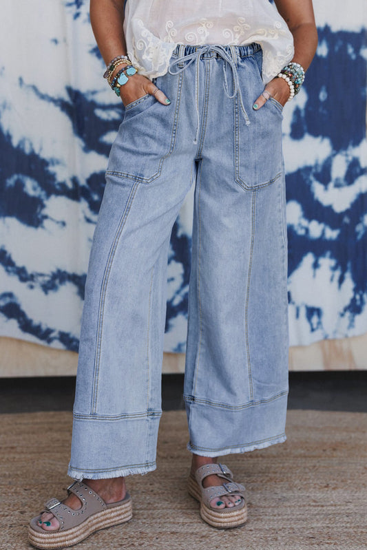 Women Drawstring Seam Detail Raw Hem Wide Leg Denim Pants