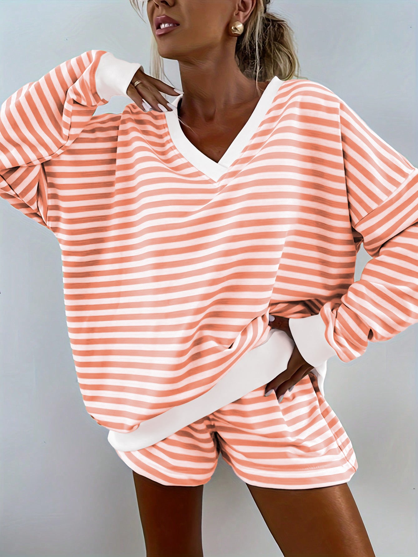 Striped Casual Long-sleeved Shorts Set