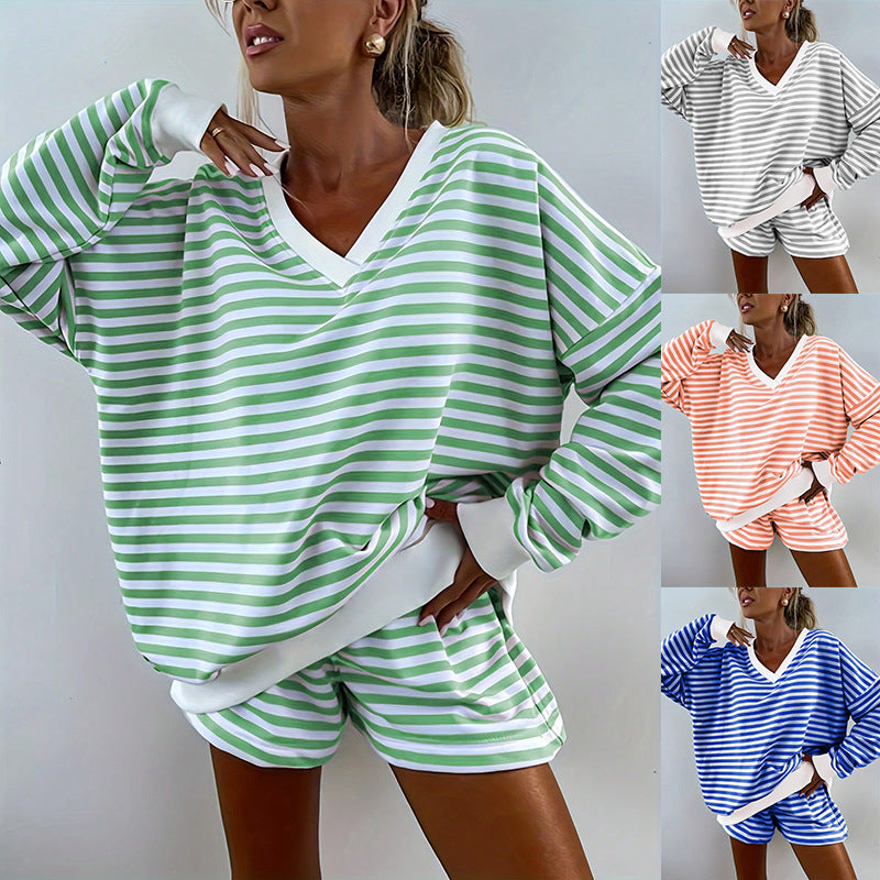 Striped Casual Long-sleeved Shorts Set