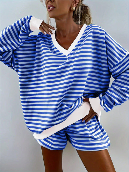Striped Casual Long-sleeved Shorts Set
