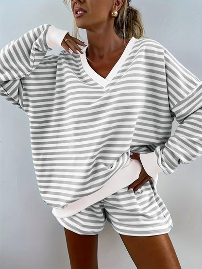 Striped Casual Long-sleeved Shorts Set