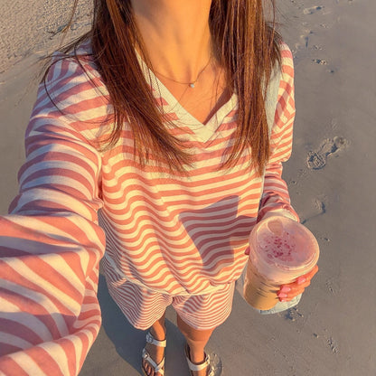Striped Casual Long-sleeved Shorts Set