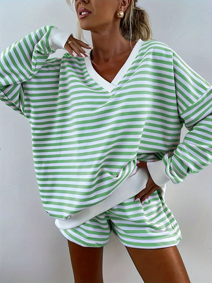 Striped Casual Long-sleeved Shorts Set