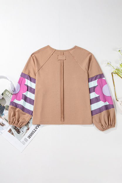 Women Flower Patchwork Raglan Sleeve Oversized Top