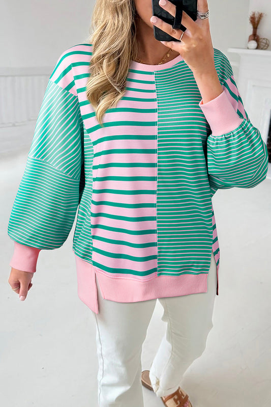 Women Green Stripe Mix Pattern Sweatshirt