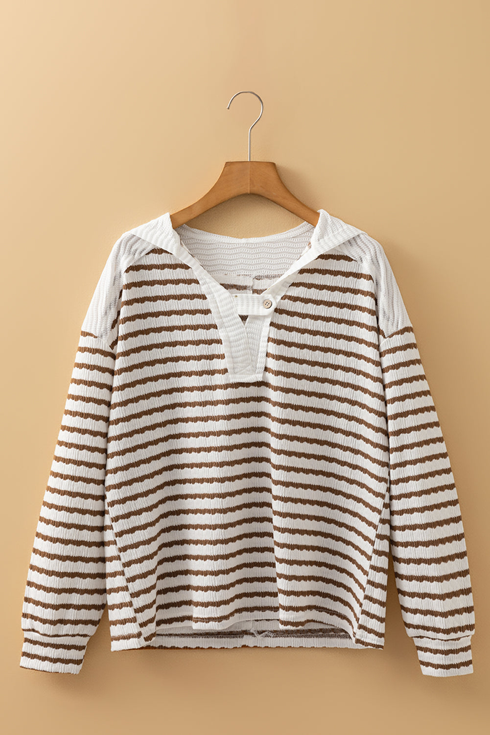 Women Stripe Textured Hooded V Neck Casual Long Sleeve Top