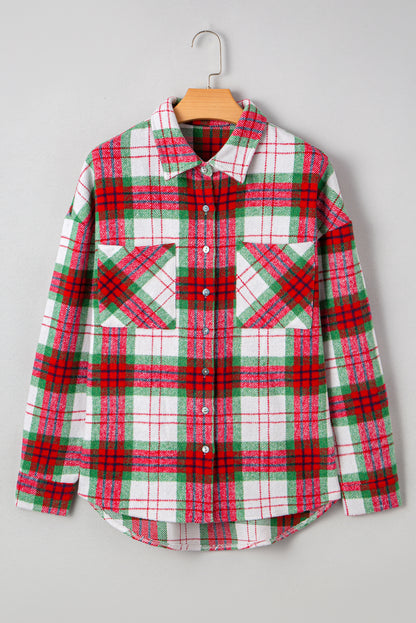 Women Red Christmas Plaid Casual Flannel Shacket