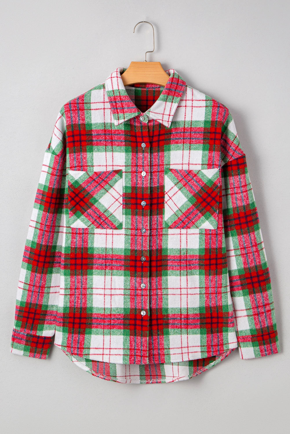 Women Red Christmas Plaid Casual Flannel Shacket