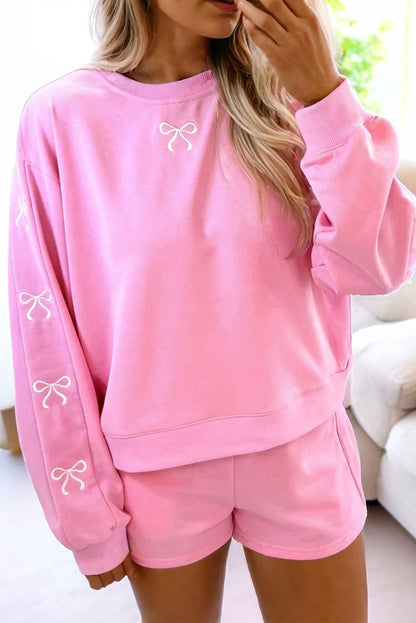 Sachet Pink Girly Bow Embroidered Pullover 2pcs Short Set