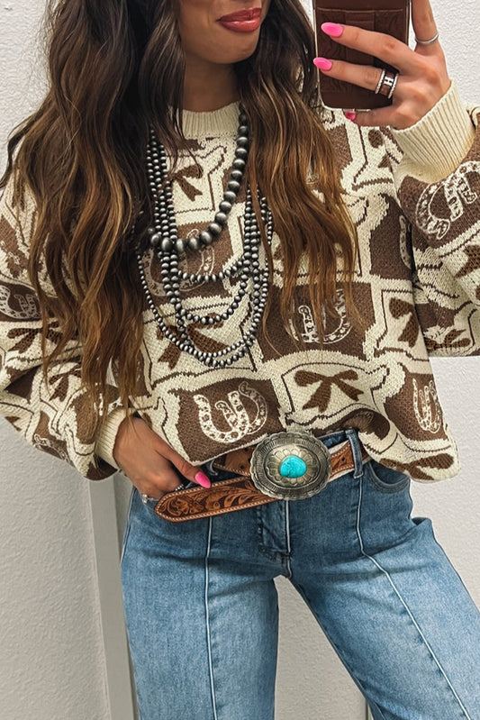 Women Brown Bows & Horseshoes Pattern Western Fashion Print Sweater