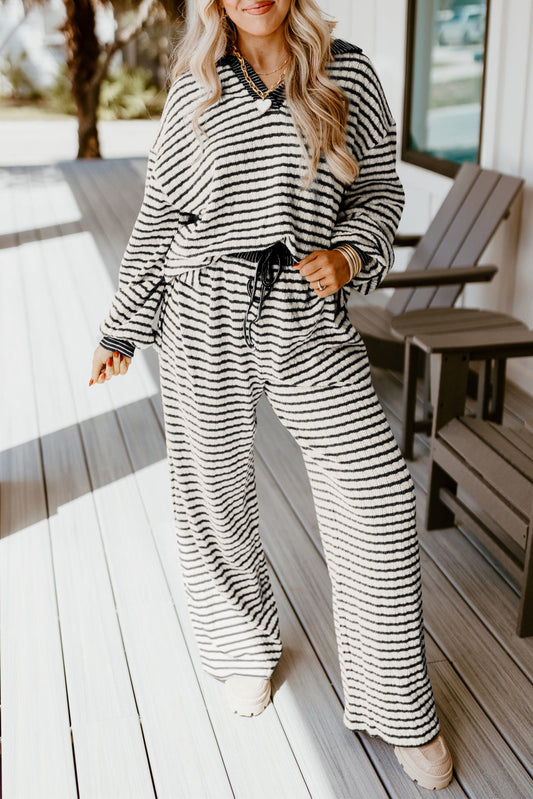 Khaki Stripe Collared Pullover Top and Drawstring Pant Set