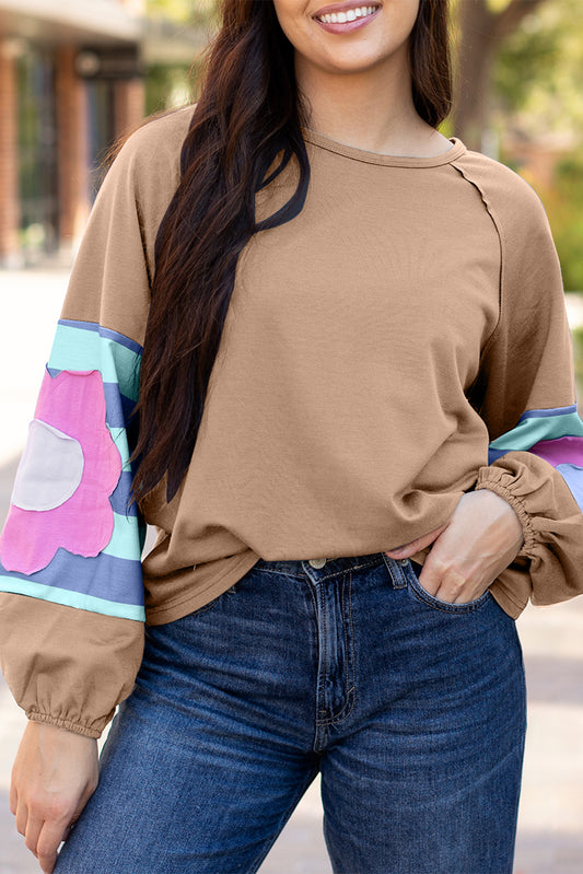 Women Flower Patchwork Raglan Sleeve Oversized Top