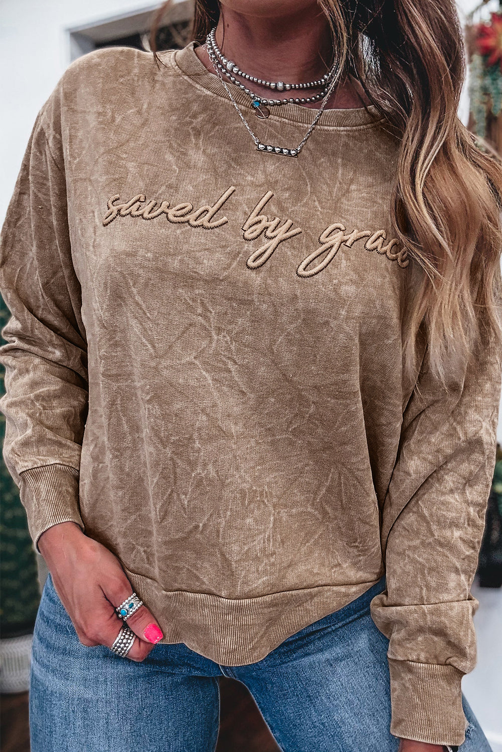 DUNE saved by grace Letter Embroidery Mineral Wash Loose Sweatshirt