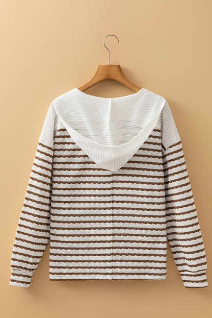 Women Stripe Textured Hooded V Neck Casual Long Sleeve Top