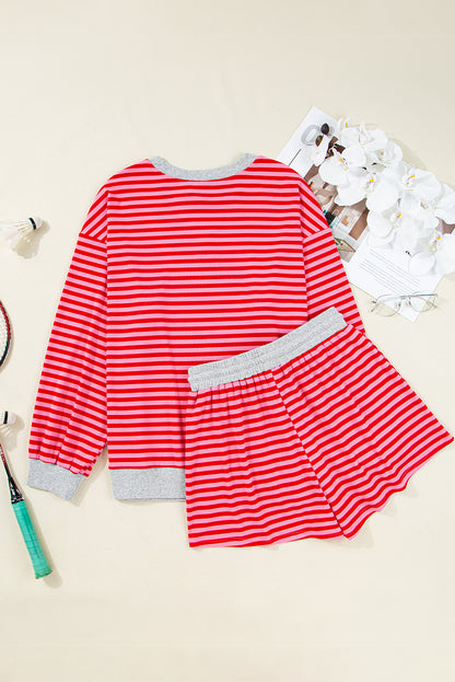 Women Red Stripe Pullover and Shorts Casual Set
