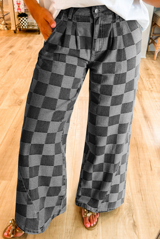 Women Dark Grey Checkered Denim Wide Leg Jeans