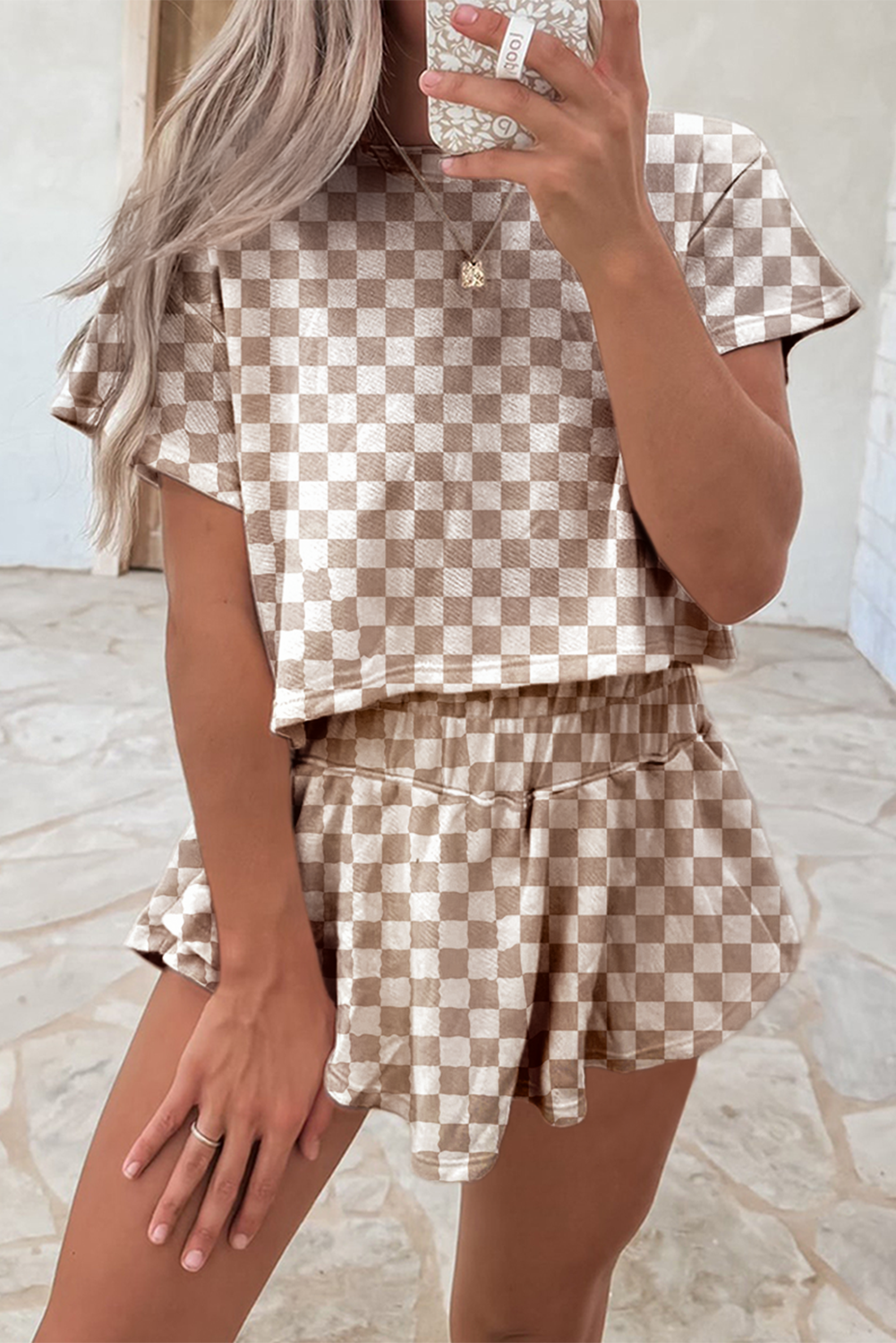 Women Checkerboard T Shirt and High Waist Skorts 2 Piece Outfit