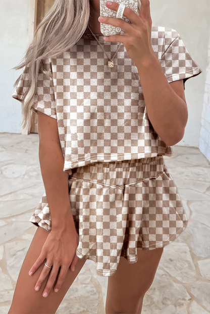 Women Checkerboard T Shirt and High Waist Skorts 2 Piece Outfit