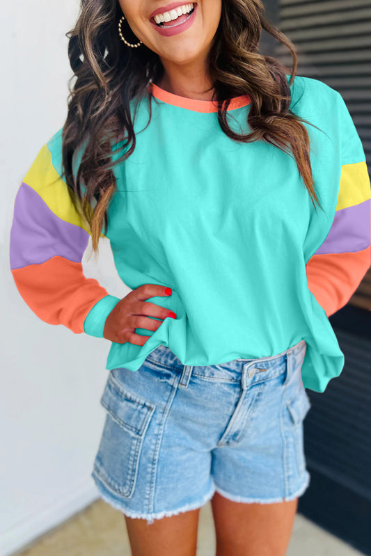 Women Colorblock Patchwork Long Sleeve Loose Top