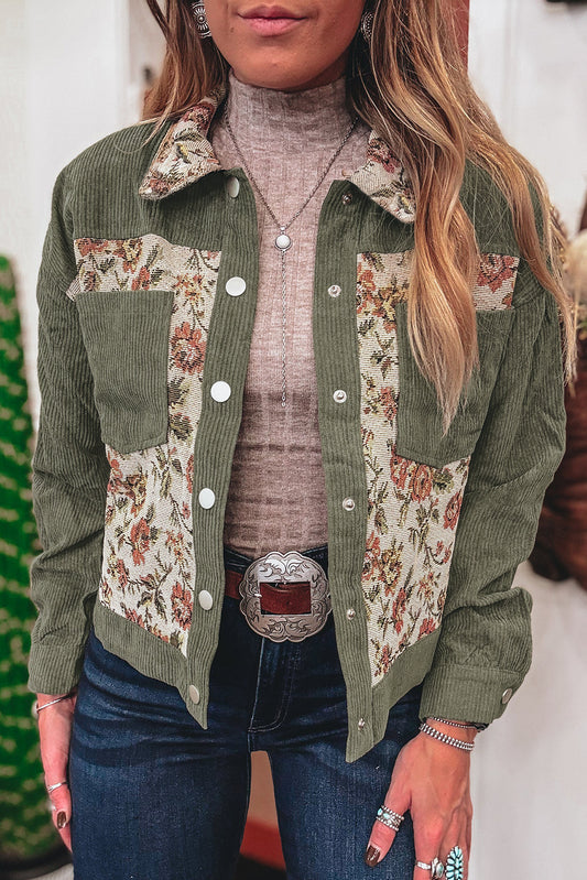 Women Ribbed Retro Floral Patchwork Shirt Style Jacket